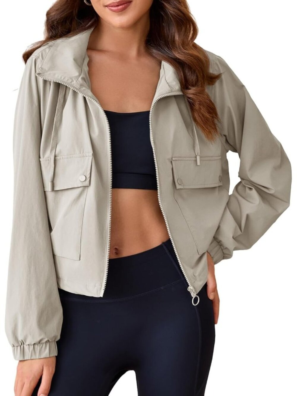 Womens Light Khaki Long Sleeve Cropped Hooded ZIP Up Anorak Coat Military Jacket